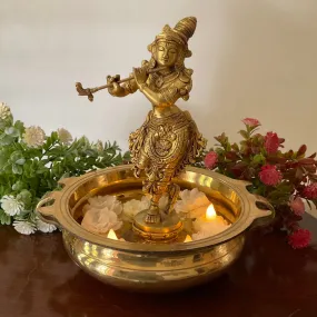 10 Inches Lord Krishna Idol And 8 Inches Brass Urli With Handle Festive Home Decor