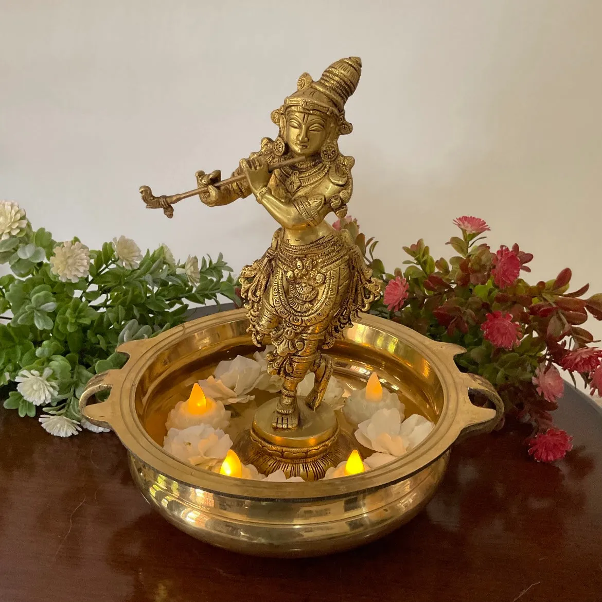 10 Inches Lord Krishna Idol And 8 Inches Brass Urli With Handle Festive Home Decor