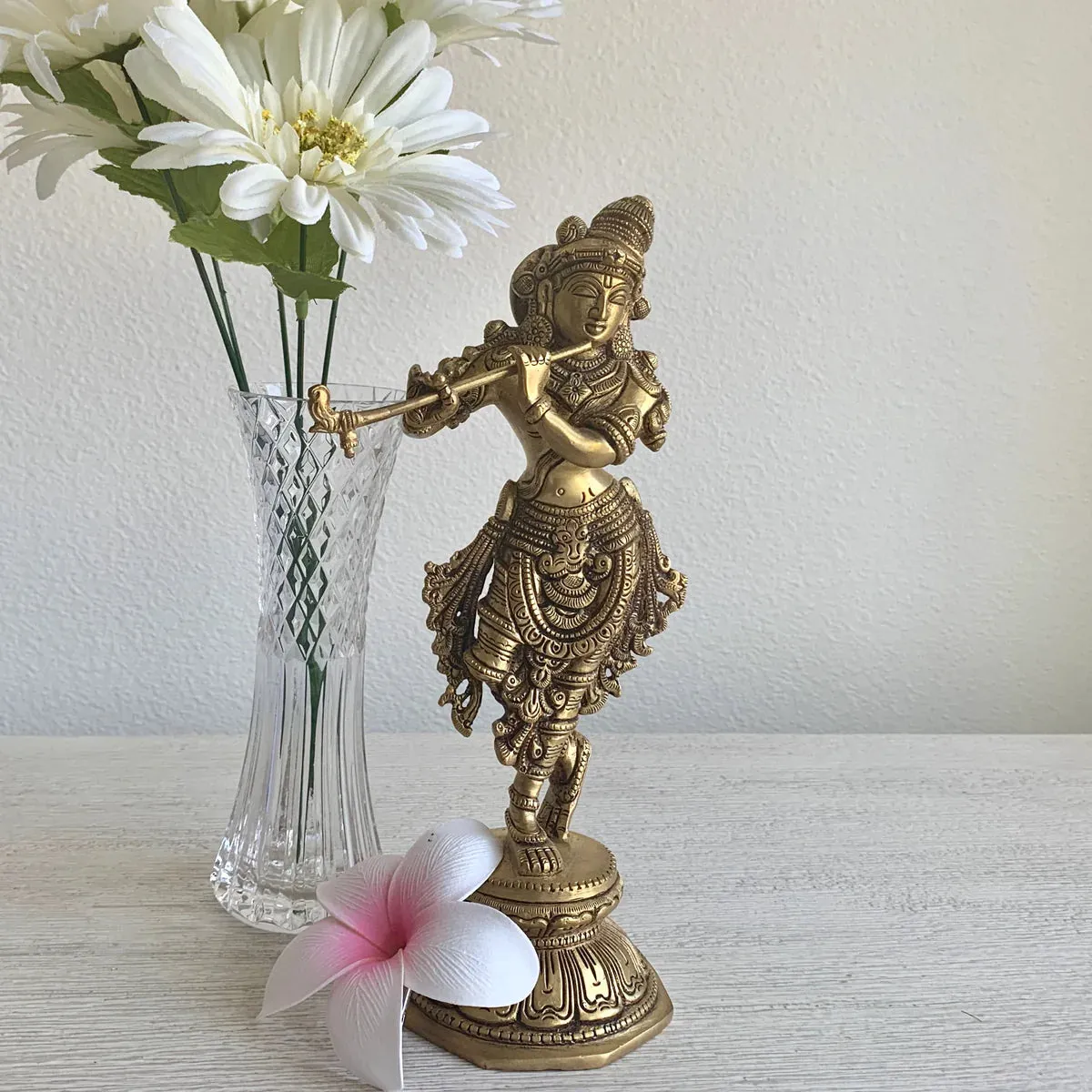 10 Inches Lord Krishna Idol And 8 Inches Brass Urli With Handle Festive Home Decor