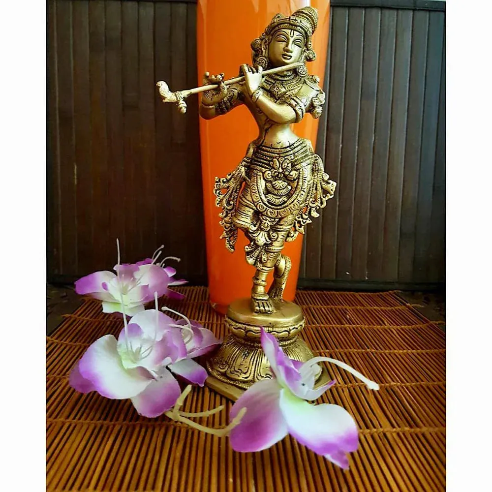 10 Inches Lord Krishna Idol And 8 Inches Brass Urli With Handle Festive Home Decor