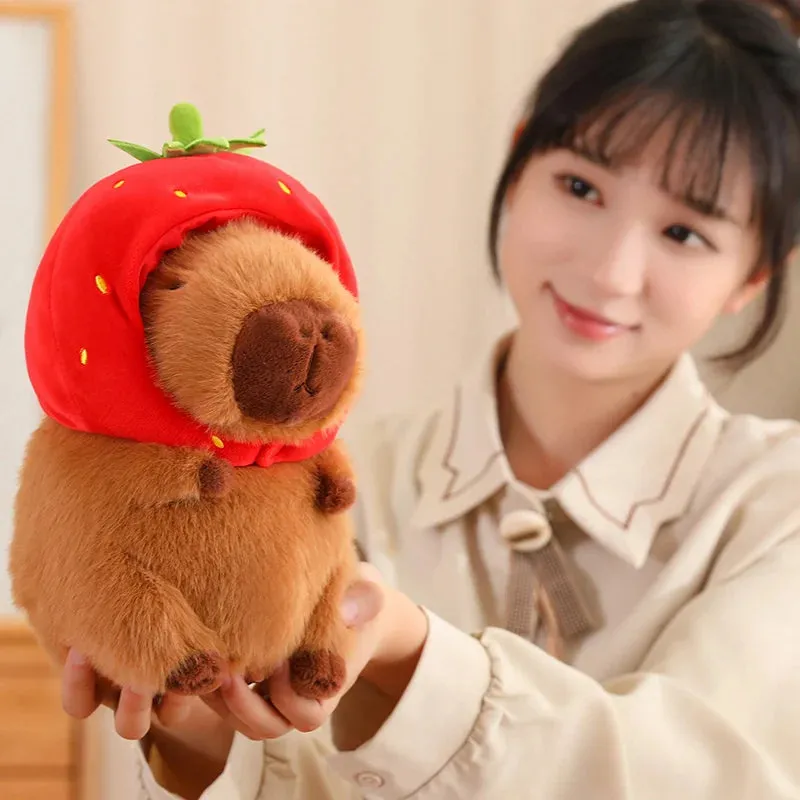 12/22/33CM Kawaii Strawberry Hat Capybara Plush Toy Chicken Turtle Backpack Capybara Stuffed Animals Plush Pendant Keychain Doll