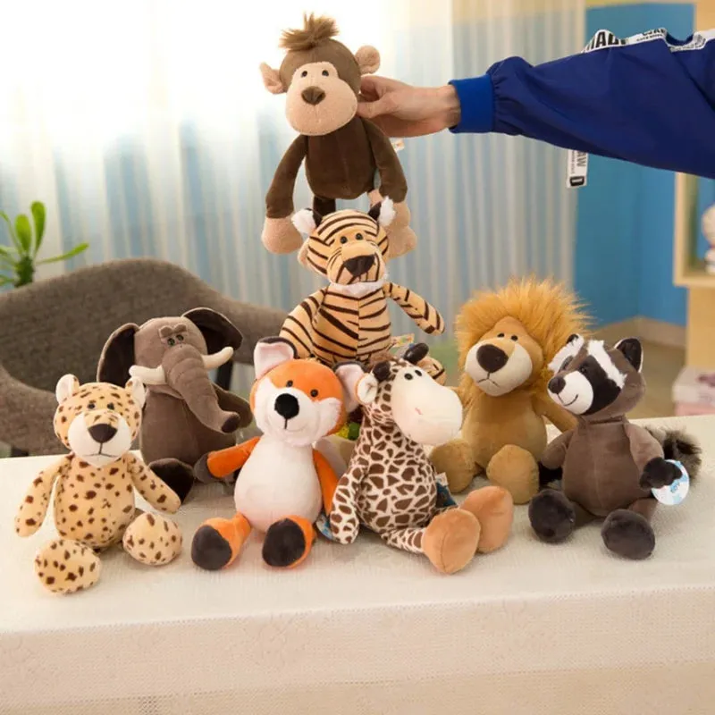 25cm Simulation Forest Animals Plush Toys Stuffed Lifelike Lion Tiger Elephant Monkey Leopard Giraffe Raccoon Doll for Kids Gift