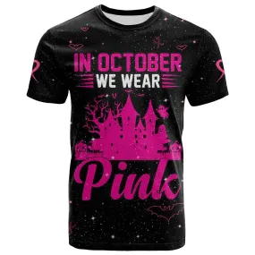 3D All Over Print Breast Cancer T Shirt In October We Wear PINK Halloween Castle Black