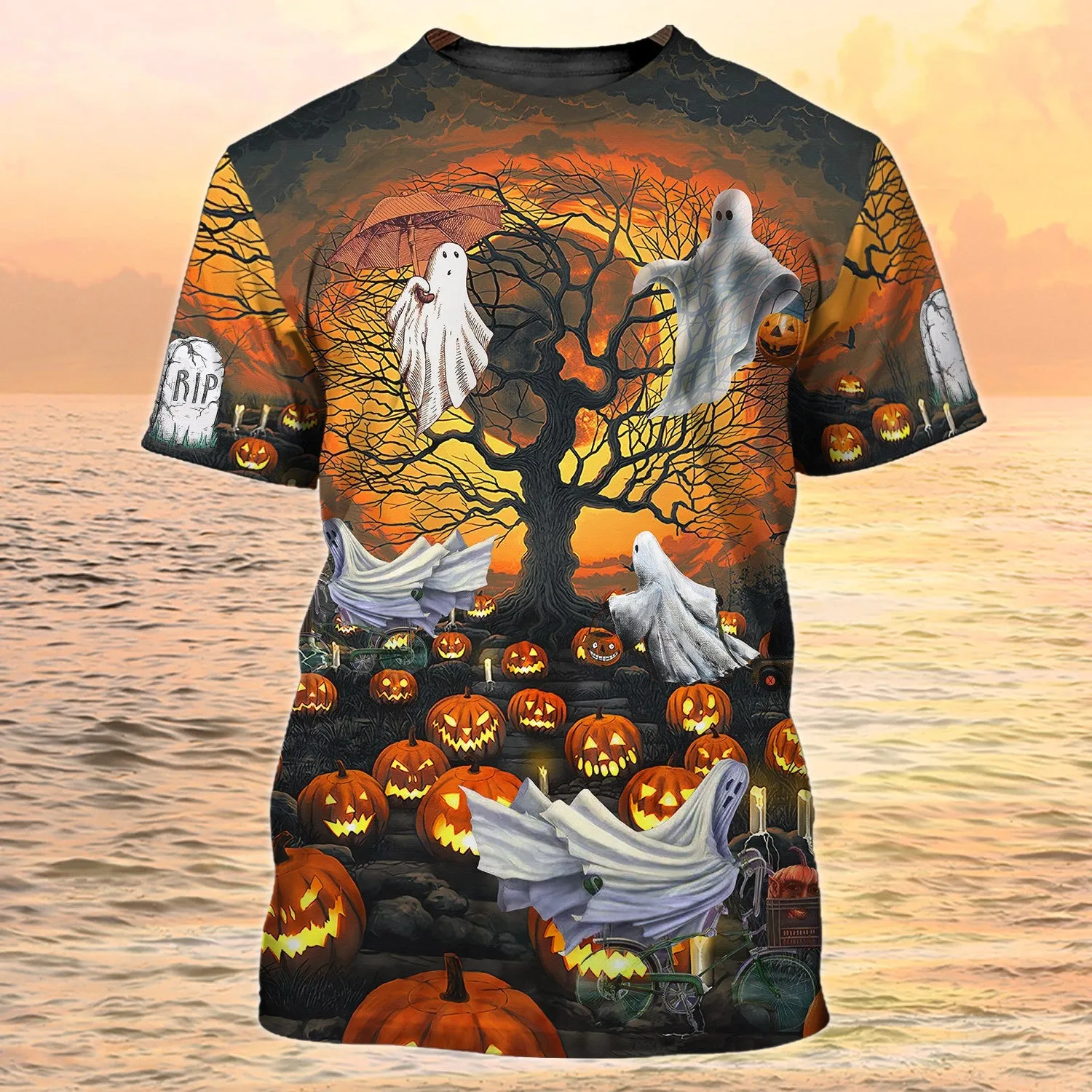 3D All Over Print Ghost And Pumpkin Halloween Shirt Ghost Flying Halloween Tshirt