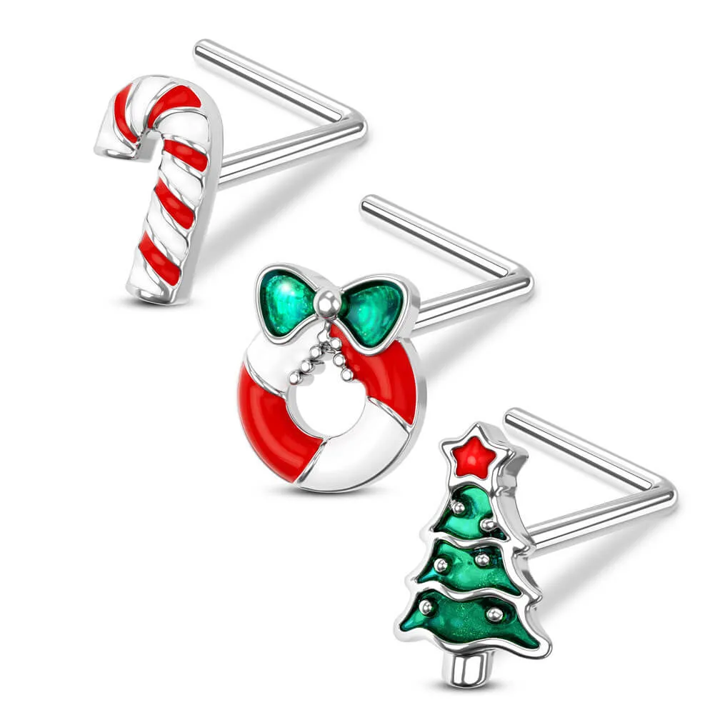 3PCS 20G Christmas L-shaped Nose Studs Silver