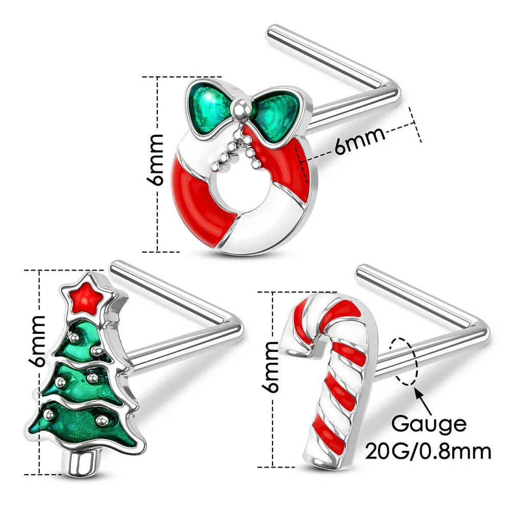 3PCS 20G Christmas L-shaped Nose Studs Silver