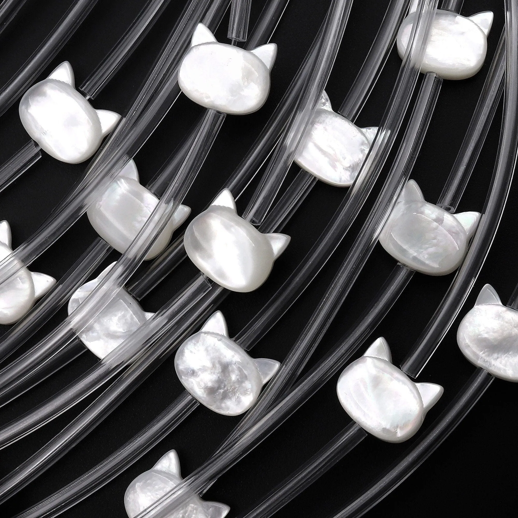 AAA Iridescent Carved Natural White Mother of Pearl Shell Cat Head Beads 8mm 10mm 8" Strand