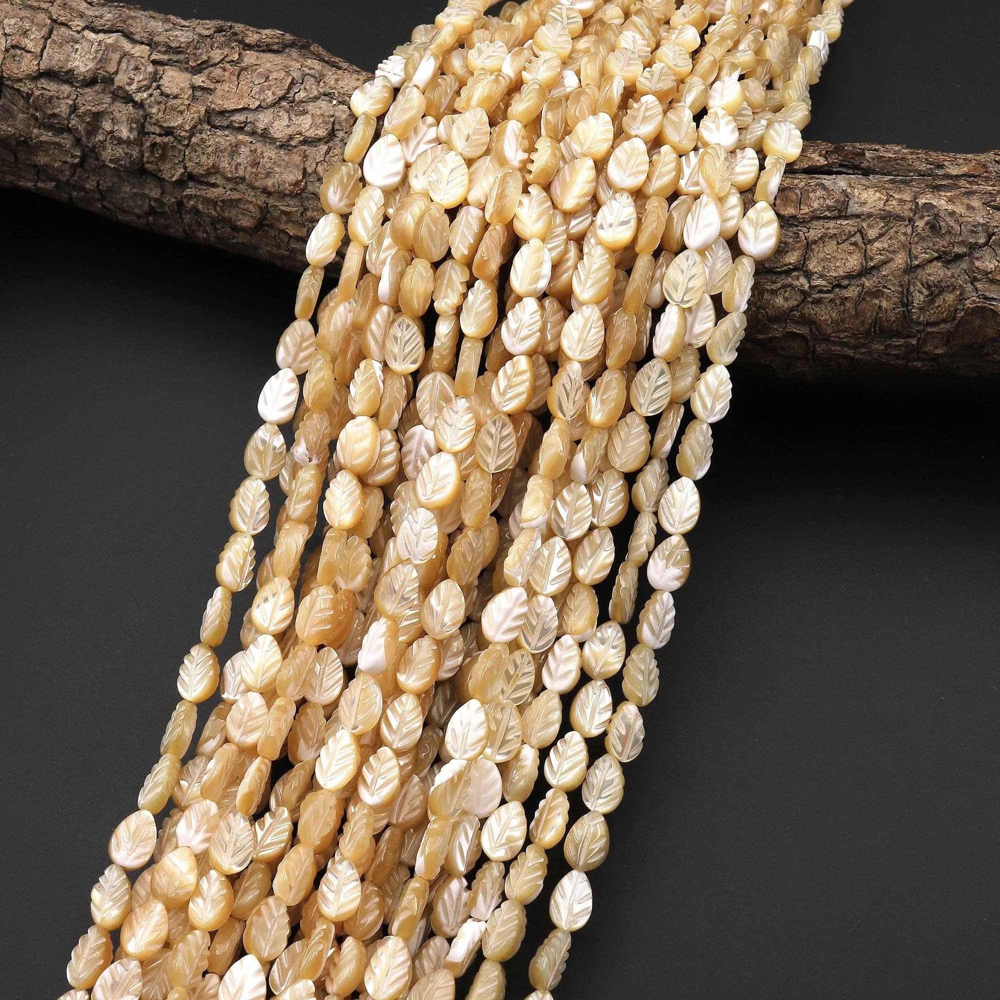 AAA Iridescent Hand Carved Natural Golden Brown Mother of Pearl Shell Beads Teardrop Leaf Shape 15.5" Strand