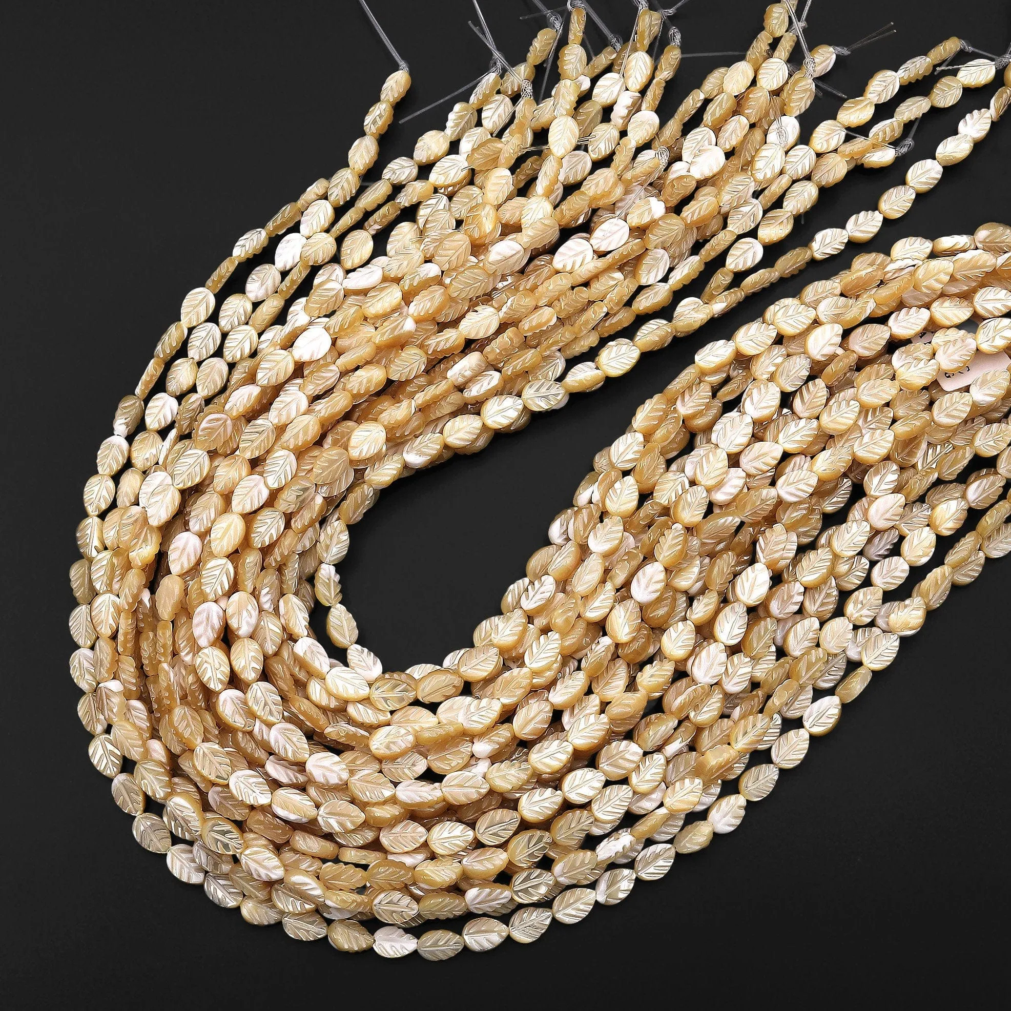 AAA Iridescent Hand Carved Natural Golden Brown Mother of Pearl Shell Beads Teardrop Leaf Shape 15.5" Strand