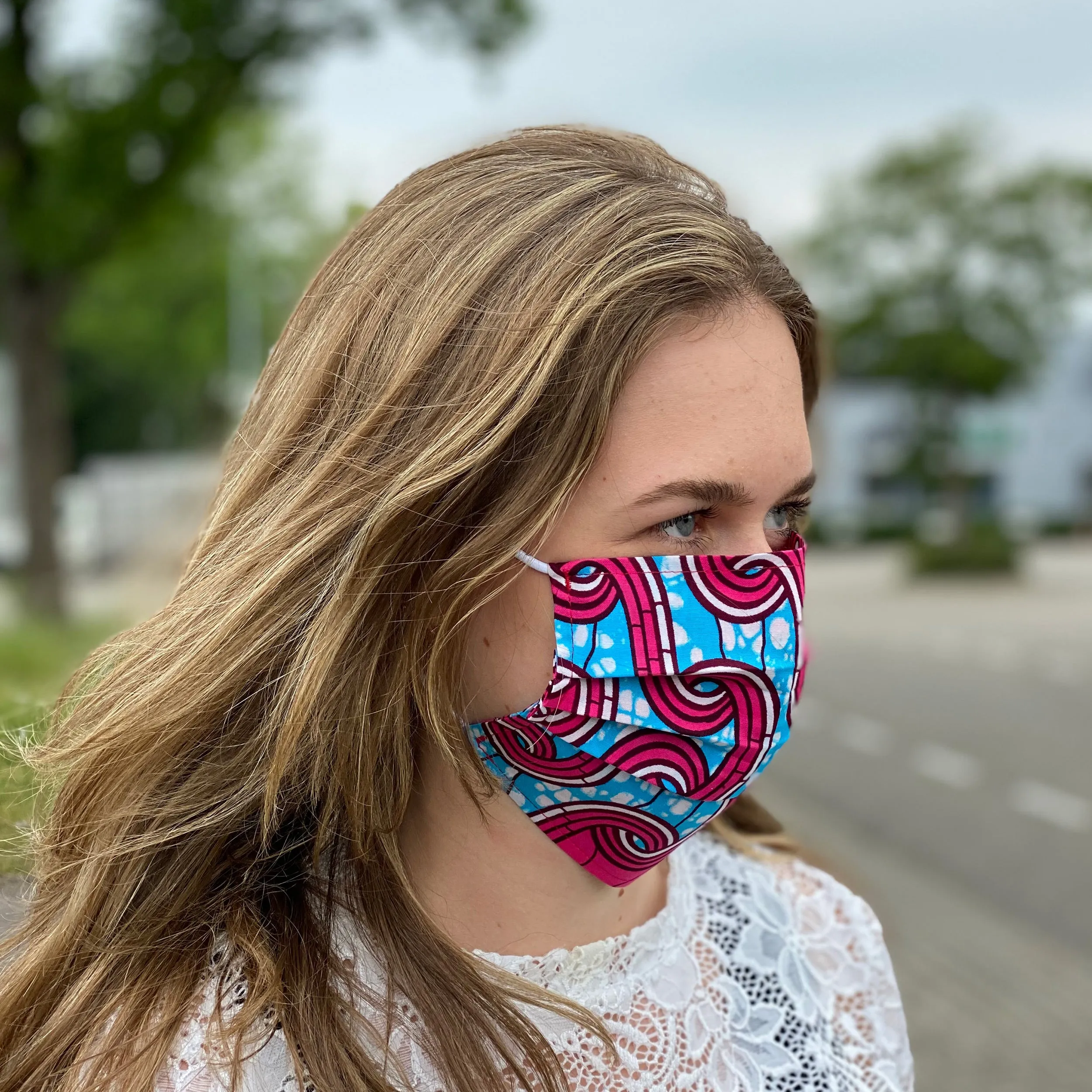 African print Mouth mask / Face mask made of 100% cotton - Pink blue heraldic