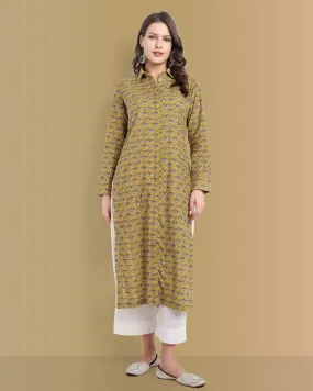 Ajrak Print Mustard Shirt Style Kurta