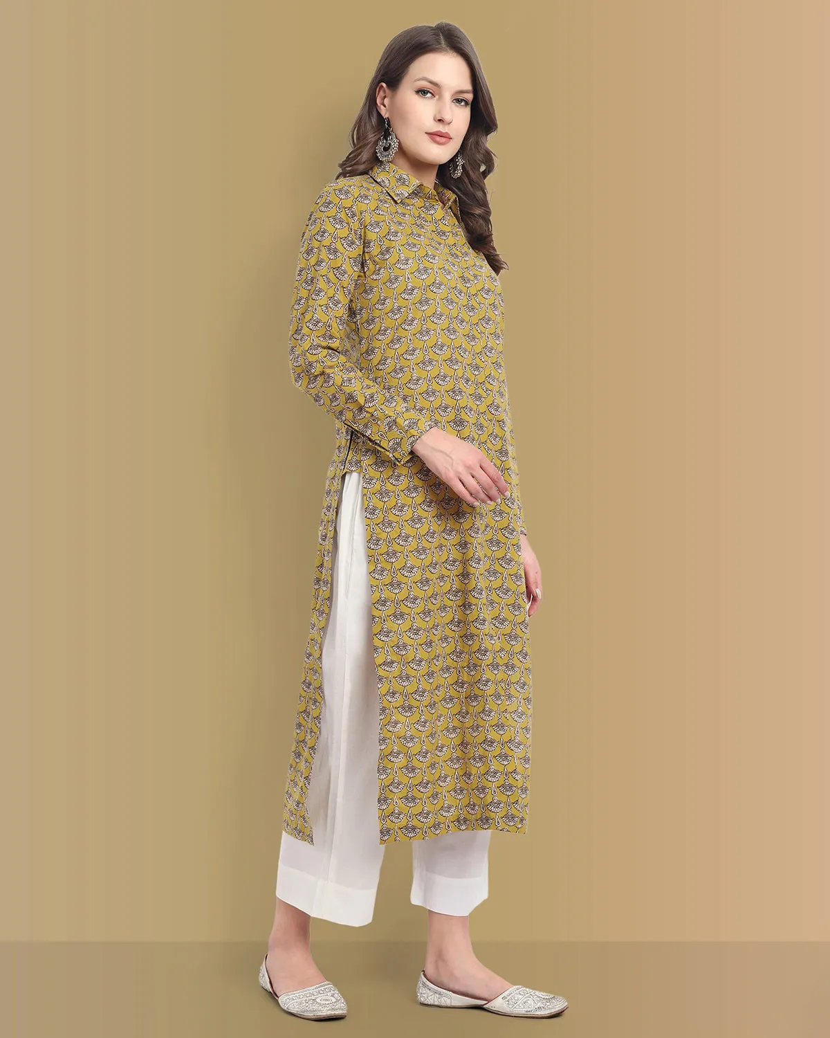 Ajrak Print Mustard Shirt Style Kurta