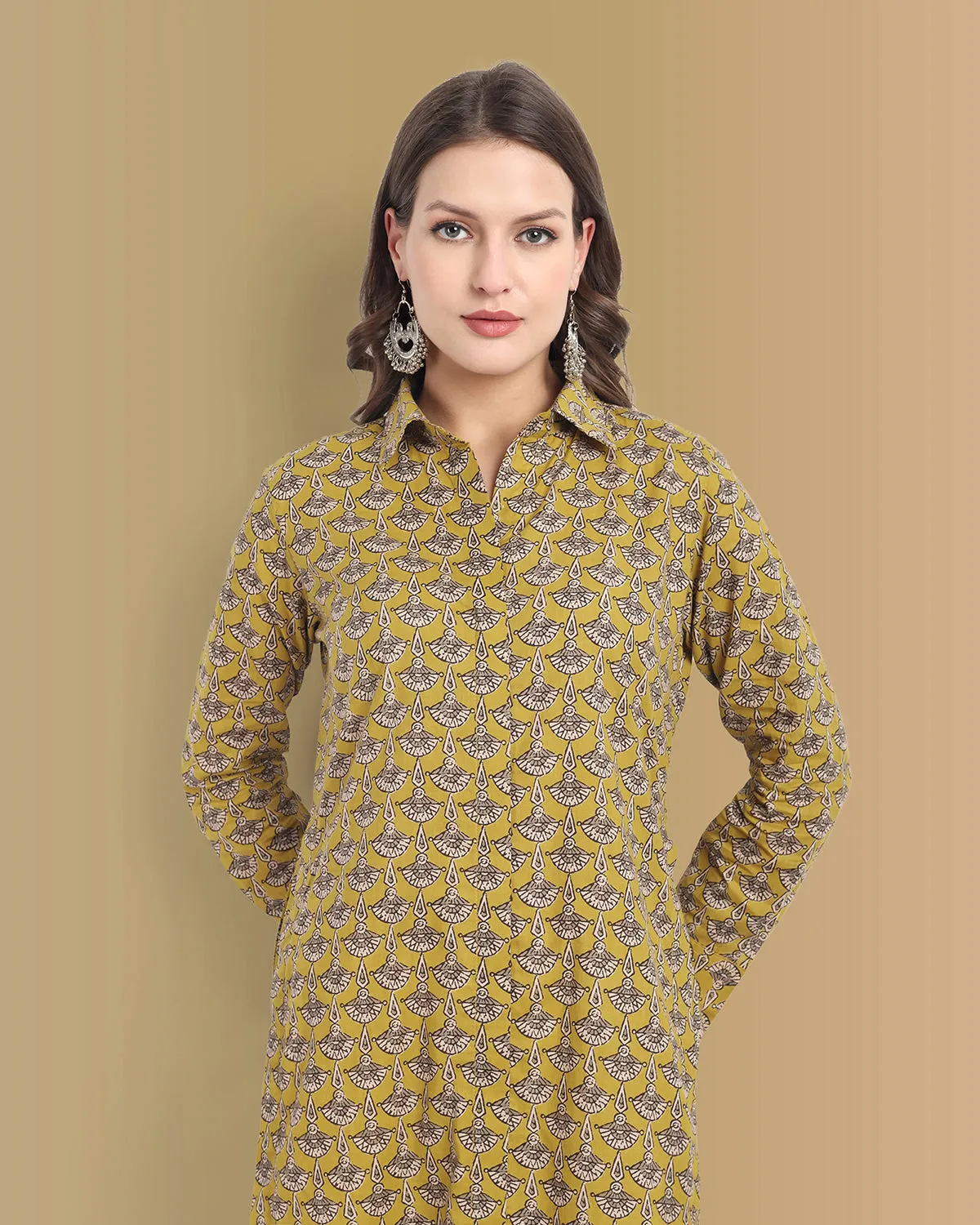 Ajrak Print Mustard Shirt Style Kurta