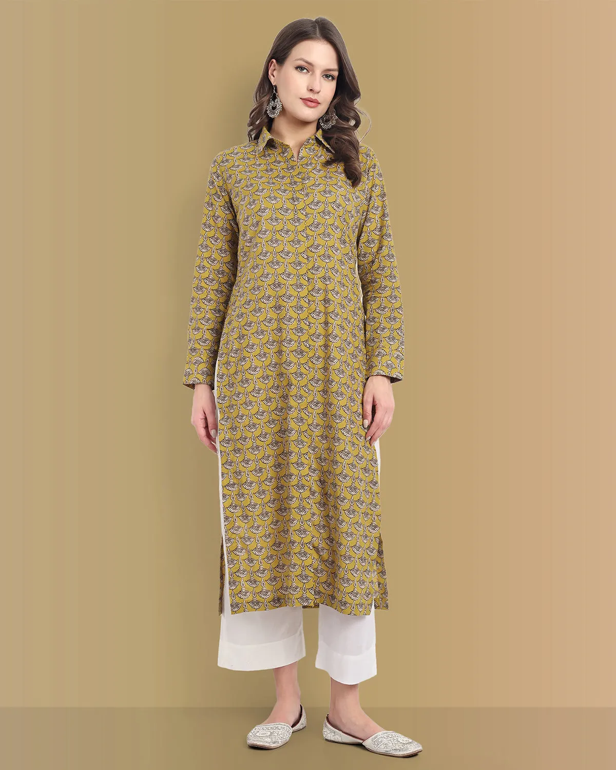 Ajrak Print Mustard Shirt Style Kurta