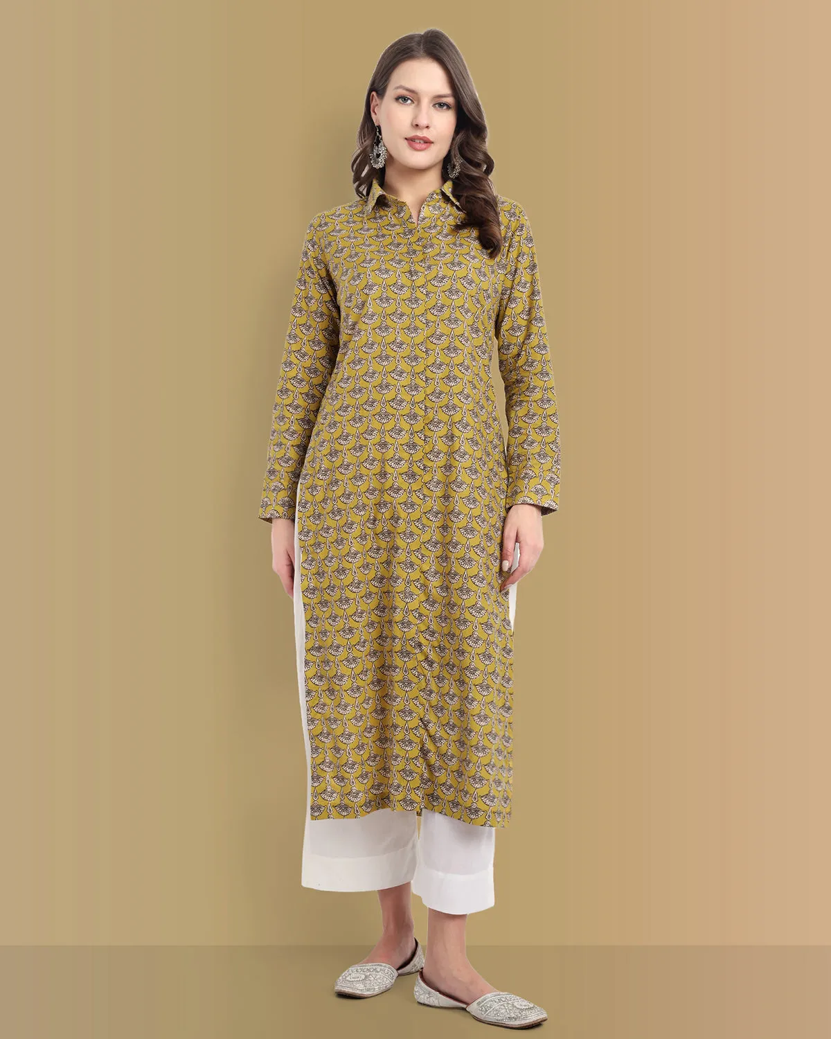 Ajrak Print Mustard Shirt Style Kurta