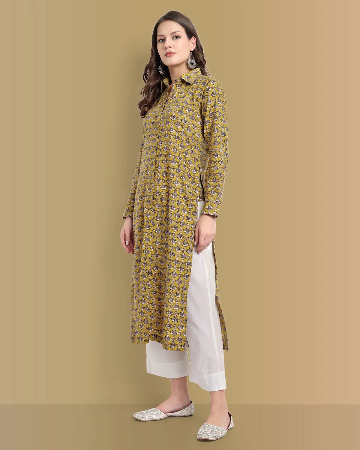 Ajrak Print Mustard Shirt Style Kurta