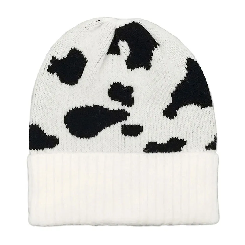 Cow Pattern Ribbed Knit Cuff Beanie Hat