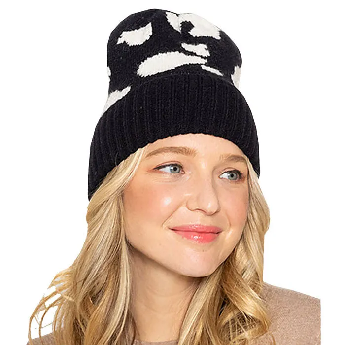 Cow Pattern Ribbed Knit Cuff Beanie Hat