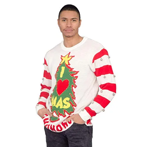 I Love Xmas HOHOHO Light Up (LED) and Bells on Sleeve Ugly Christmas Sweater White