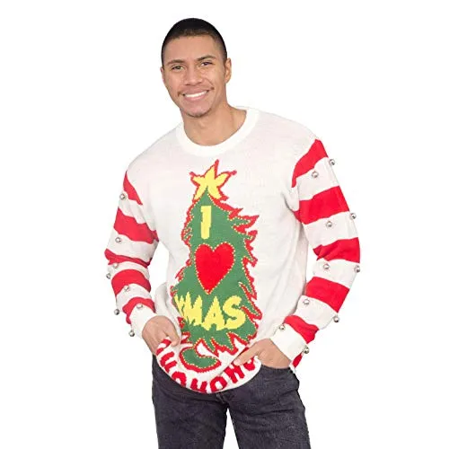 I Love Xmas HOHOHO Light Up (LED) and Bells on Sleeve Ugly Christmas Sweater White