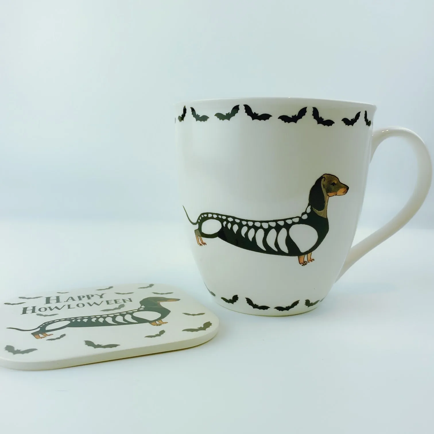 Milly Green British Design Happy Halloween Dachshund Dog Coffee Mug Tea Cup and Coaster Set