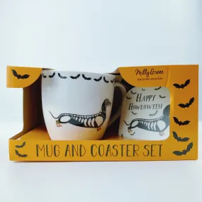 Milly Green British Design Happy Halloween Dachshund Dog Coffee Mug Tea Cup and Coaster Set