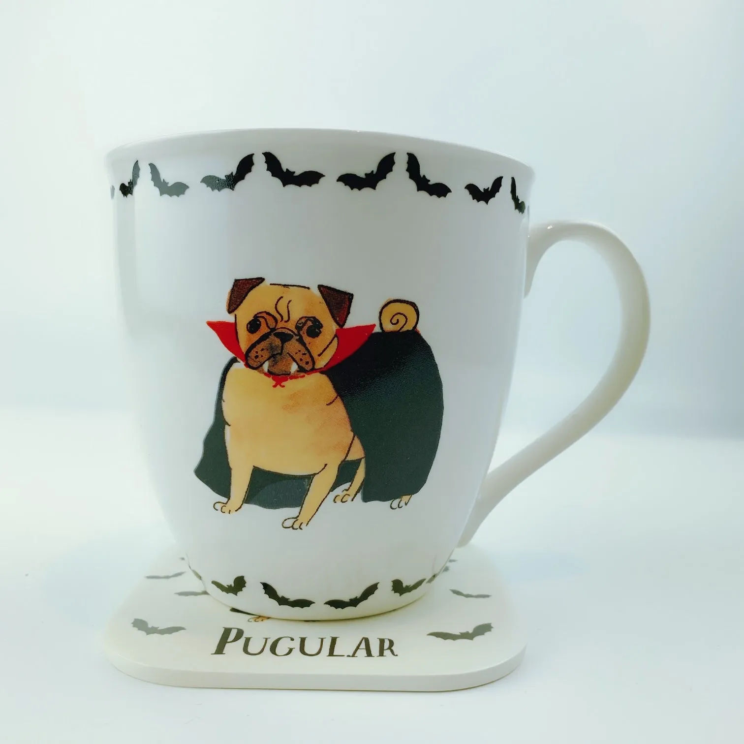 Milly Green British Design Pugs Count Pugalier Dog Coffee Mug Tea Cup and Coaster Set 20 oz