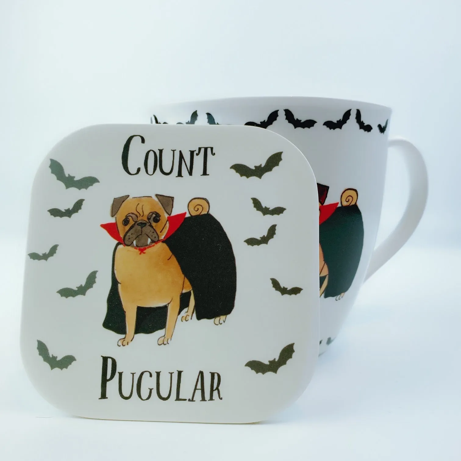 Milly Green British Design Pugs Count Pugalier Dog Coffee Mug Tea Cup and Coaster Set 20 oz