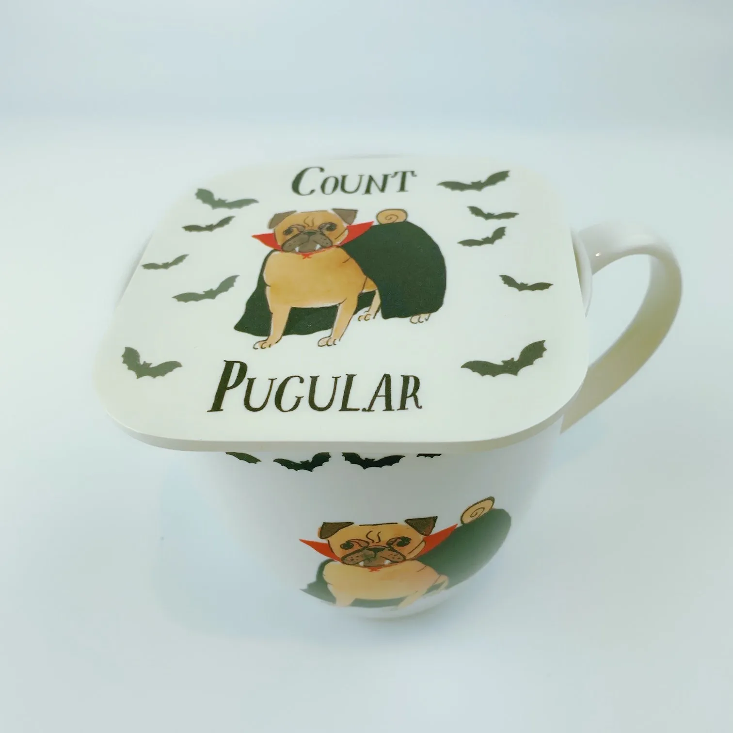 Milly Green British Design Pugs Count Pugalier Dog Coffee Mug Tea Cup and Coaster Set 20 oz