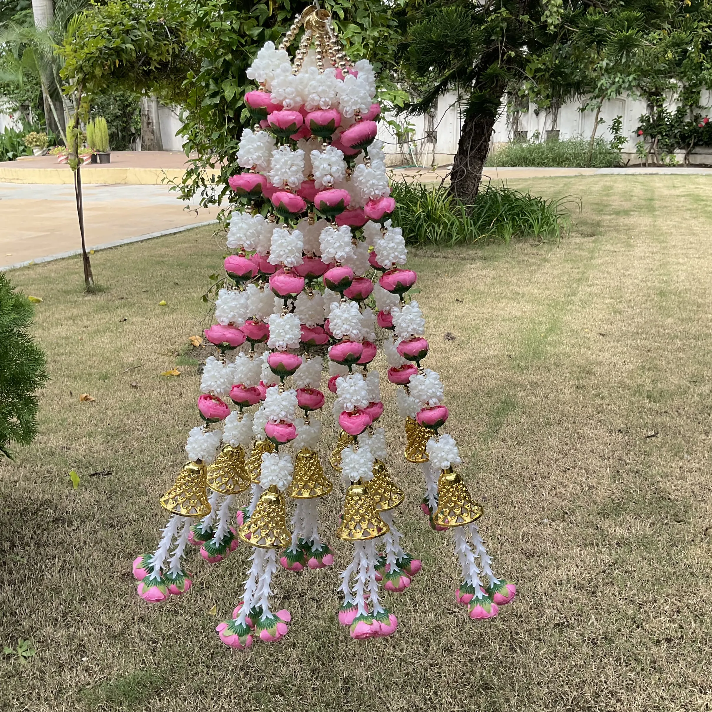 Pink White Artificial Lotus Garland With Bell Set of 10 Pcs