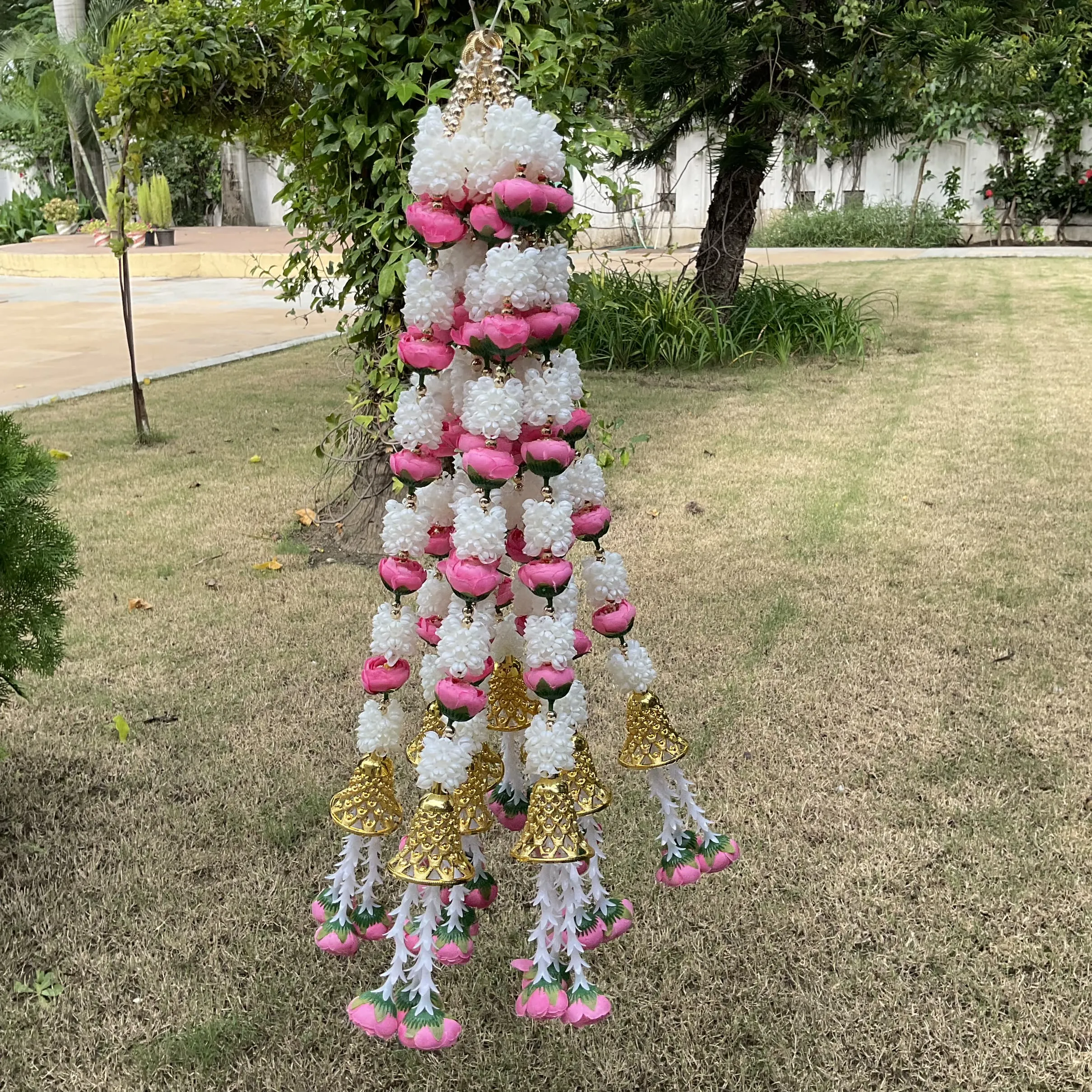 Pink White Artificial Lotus Garland With Bell Set of 10 Pcs