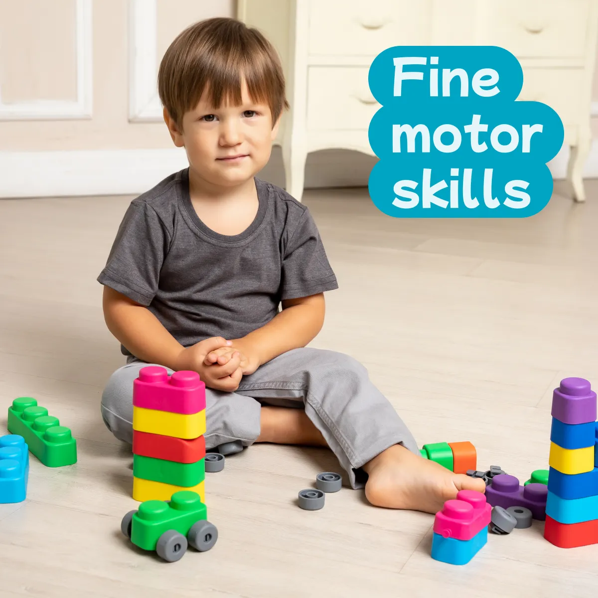 Sensory Soft Building Blocks - 21pcs   16 Wheels - Montessori Early Learning Toys for 3 Year Olds - Stacking, Squeeze & Teething