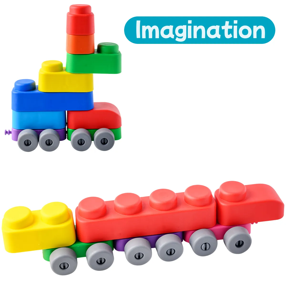 Sensory Soft Building Blocks - 21pcs   16 Wheels - Montessori Early Learning Toys for 3 Year Olds - Stacking, Squeeze & Teething