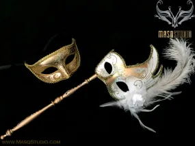 Venetian Couple Feather Masquerade Stick Mask Set White Gold