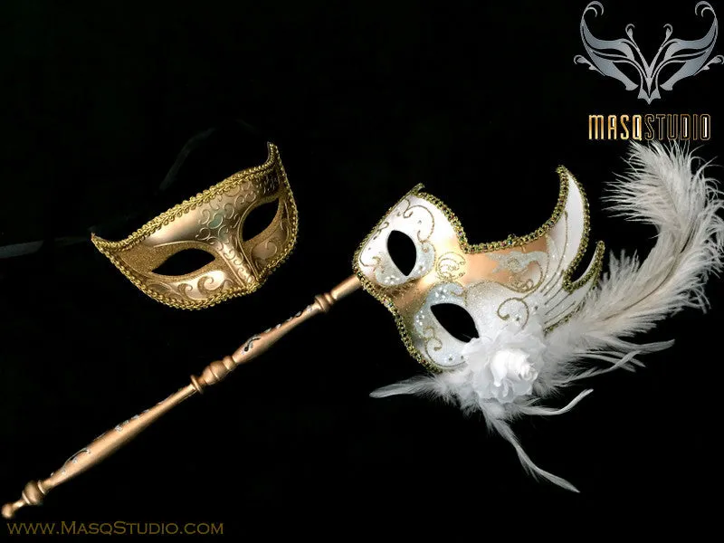 Venetian Couple Feather Masquerade Stick Mask Set White Gold